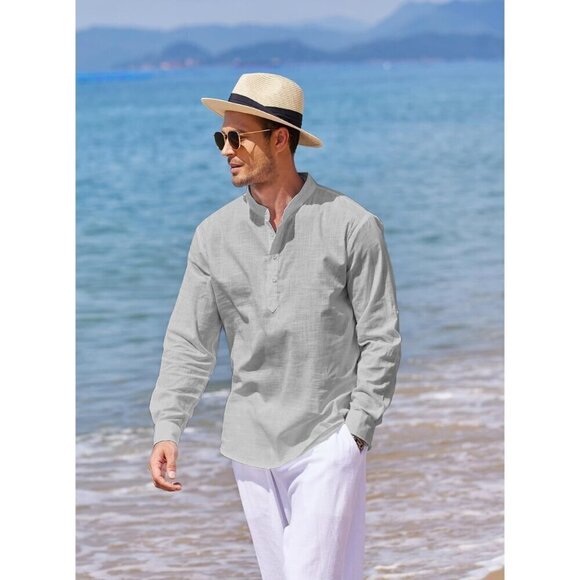 Men's Cotton Linen Henley Shirt Long Sleeve Casual Beach T Shirts Gray - Picture 5 of 7